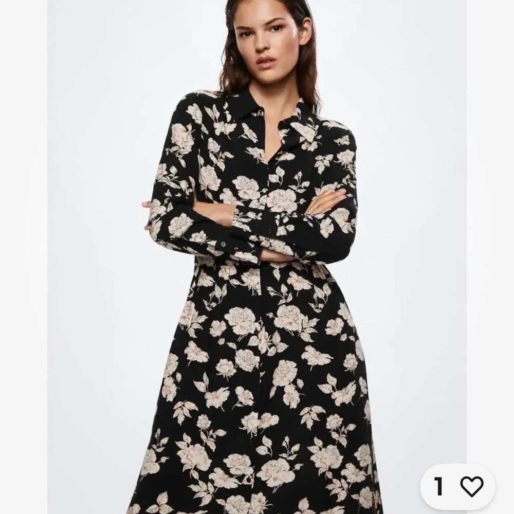 Mango Black Midi Skirt with Cream Floral Print and Side Slit